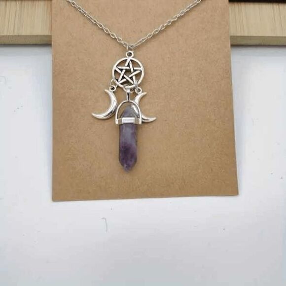 Triple Goddess Crystal Pentacle Moon Natural Amethyst Pendant Necklace - Picture 1 of 3